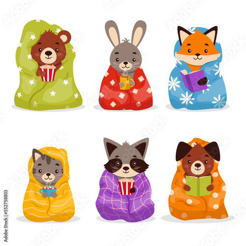 Set of illustrations with cute animals wrapped in blankets. Vector graphic.	