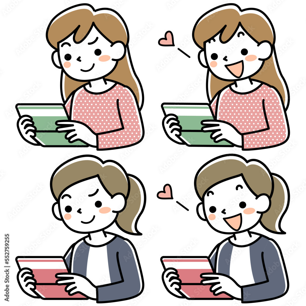 預金通帳を見て機嫌のよい若い女性の上半身セット