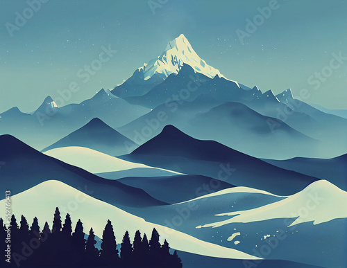 Winter landscape with snowy mountains and forests in a light fog
