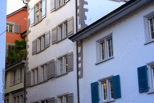 Beautiful scenic view of medieval alley at the old town of Zürich on a late summer morning. Photo taken September 22nd, 2022, Zurich, Switzerland.
