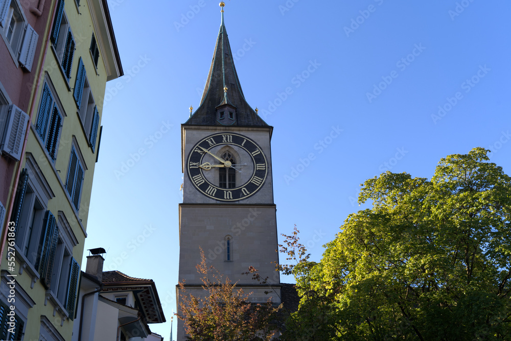 Church tower with largest church clock face in Europe of medieval