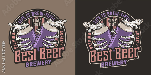 Beer can in bone hand for store or brewery. Skeleton with metal cans with foam splash. Craft beer vector logo or emblem for label design of tin for pub and bar