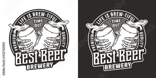 Beer can in bone hand for store or brewery. Skeleton with metal cans with foam splash. Craft beer vector logo or emblem for monochrome label design of tin for pub and bar
