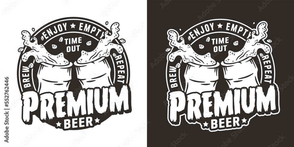 Fototapeta premium Beer bottle cheers with foam splash for craft label or print. Monochrome brew emblem or premium beer logo for bar, pub or brewery shop