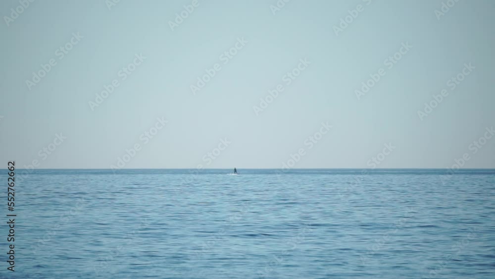 A motorized surfboard with a rider moving on a calm sea. The silhouette of a man on a water scooter glides through the water. Sports and sea activities on a beach holiday. Slow motion. A motorized surfboard with a rider moving on a calm sea. The silhouette of a man on a water scooter glides through the water. Sports and sea activities on a beach holiday. Slow motion.