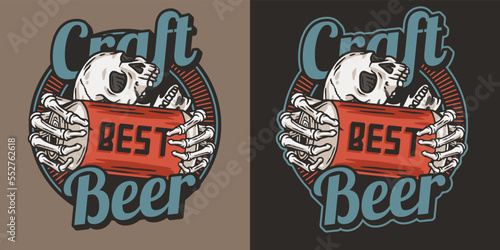 Beer print with skull and metal can. Skeleton with beer can in bone hands for brewery or bar. Craft beer vector logo or emblem for label design of tin for pub and beer store