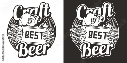 Beer print with skull and metal can. Skeleton with beer can in bone hands for brewery or bar. Craft beer vector logo or emblem for label design of tin for pub and beer store