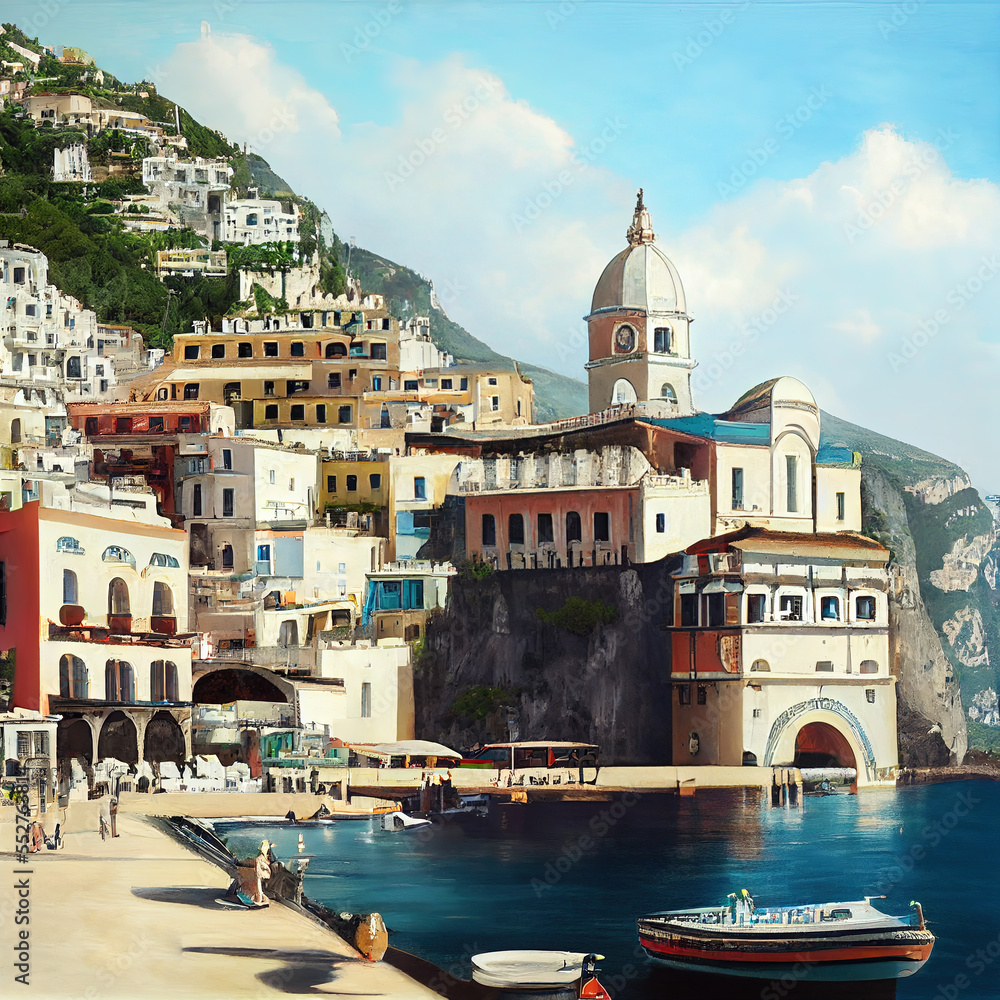 Amalfi town embankment and Tyrrhenian sea waters, Italy