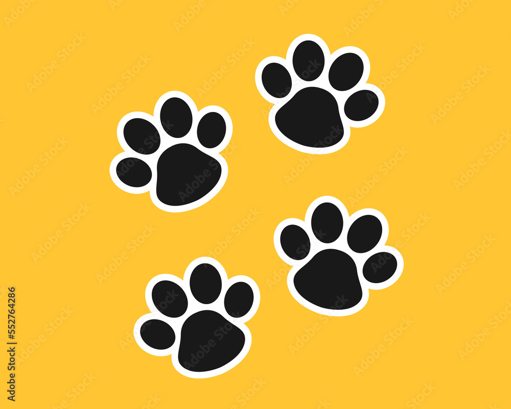 Fototapeta premium Vector cute paw sticker. Pet footprint on yellow background. Cat paw symbol. Dog foot stamp. Fluffy puppy logo. Flat cartoon pet illustration