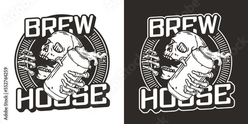 Beer skull and metal can with foam splash. Skeleton with beer can in bone hand for brewery or bar. Craft beer vector logo or emblem for monochrome label design of tin for pub and beer store