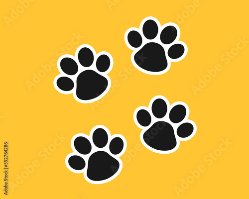 Vector cute paw sticker. Pet footprint on yellow background. Cat paw symbol. Dog foot stamp. Fluffy puppy logo. Flat cartoon pet illustration