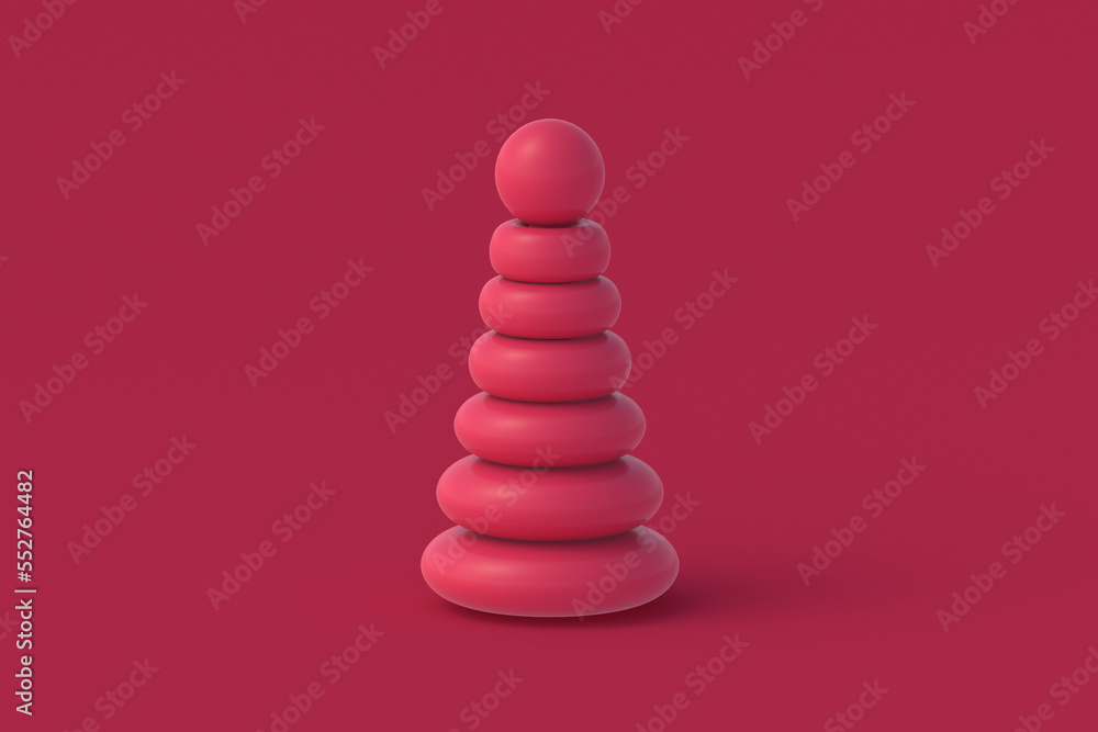 Toy pyramid of magenta on red background. Color of the year 2023. 3d render Toy pyramid of magenta on red background. Color of the year 2023. 3d render