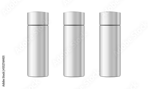 Steel closed hairspray bottle mockup, 3d rendering deodorant, realistic metal spray, vector cosmetic care object, vertical tube, steel thermos