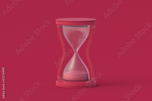 Hourglass of magenta on red background. Color of the year 2023. 3d render