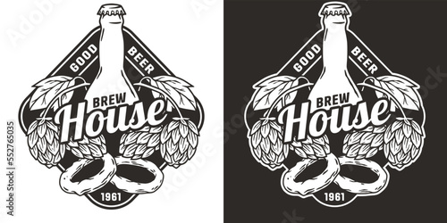 Beer logo or emblem with bottle, hops and onion rings for bar or pub. Monochrome print or label for drink beer shop or brewery