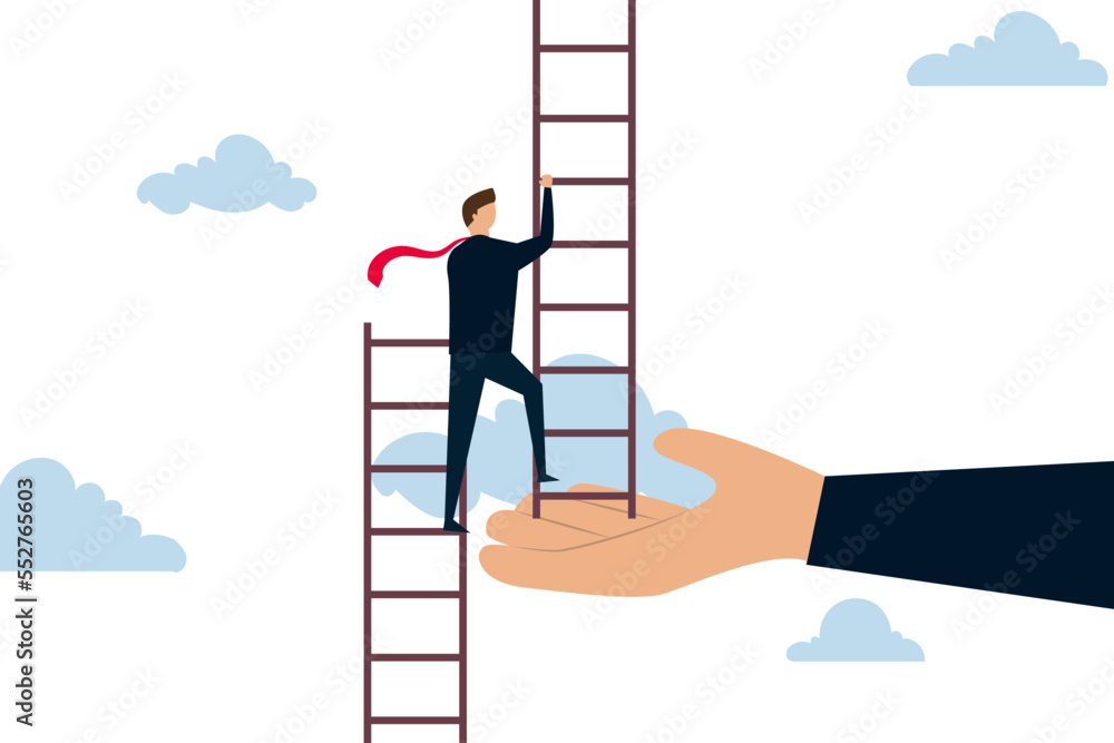 Helping hand, businessman climbing up to top of broken ladder with huge helping hand to connect to reach higher. Helping hand, businessman climbing up to top of broken ladder with huge helping hand to connect to reach higher.