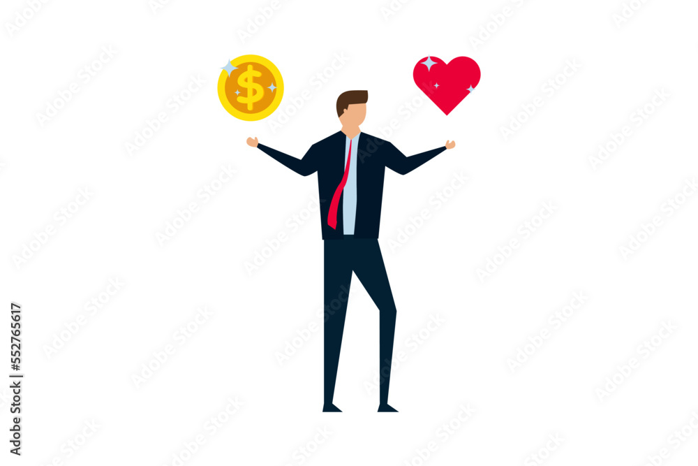Work life balance, confuse businessman with big coin with the word work and life heart shape in other hand Work life balance, confuse businessman with big coin with the word work and life heart shape in other hand