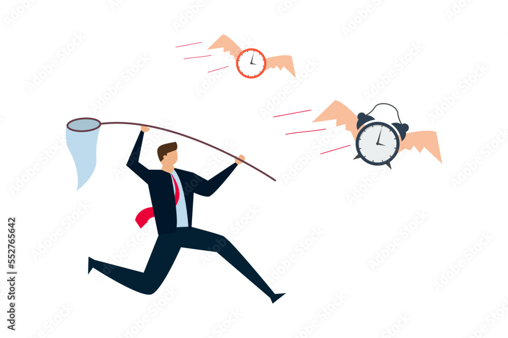 Lack of time, frustrated businessman hurry chasing to catch flying away alarm clock and stop watch Lack of time, frustrated businessman hurry chasing to catch flying away alarm clock and stop watch