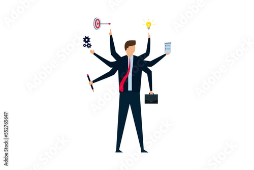 Work productivity and efficiency, business idea, multitasking and project management concept, smart businessman with multi hands with productive tools calendar, pencil, target arrow, bulb