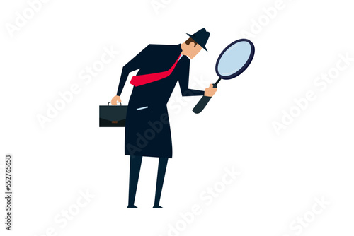 Search, discover, analyze report , curiosity guy detective holding huge magnifying glass and thinking about evidence and result.
