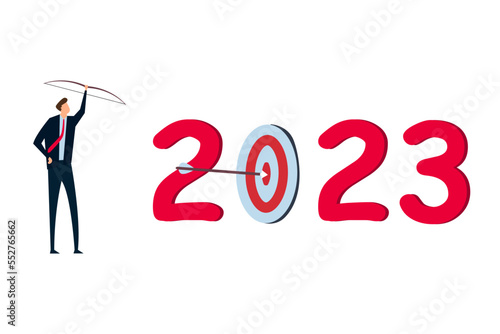 New year 2023 resolution, business strategy plan and goal achievement, financial target for calendar year concept, confidence businessman leader shot archer arrow hitting bull eyes of target year 2023