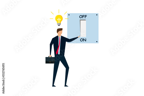 Business idea and solution to solve company problem, smart businessman turn on lightbulb switch to lit up idea