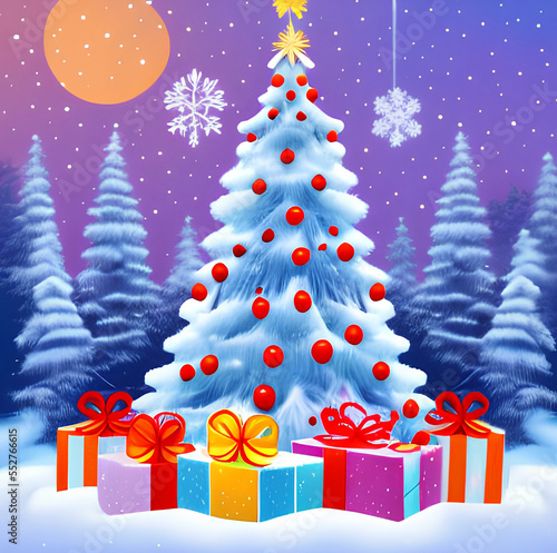 Cartoon background of Christmas tree and Christmas gift, illustration.Generative AI
