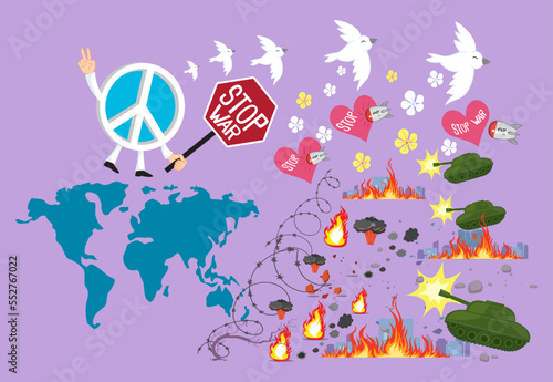 Character peace sign holding a sign stop war cease tanks weapons of war  world peace day  illustrator vector cartoon drawing image painting