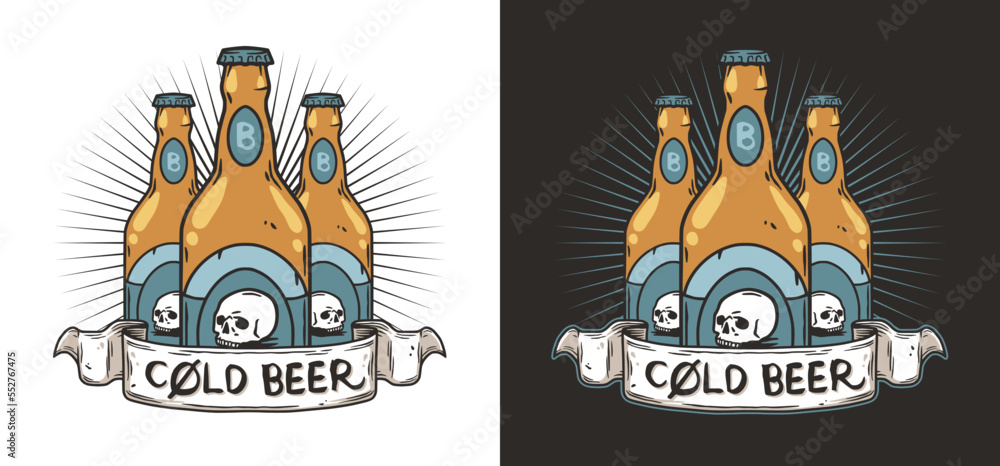 Craft beer pub emblem or vector design for logo of bar with beer bottles. Drink print or graphic label for brewery or factory