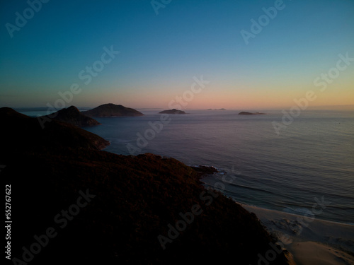 Drone photo from Fingal Beach to Tomaree Mountain in Port Stephens, just prior to sunrise.