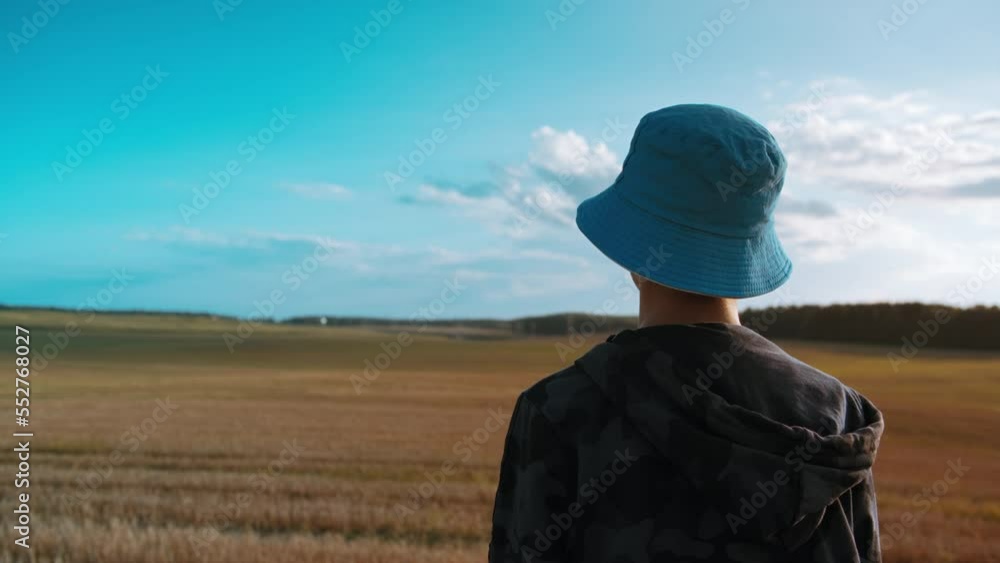 teen alone boy in the field looking into the distance in summer day, back view teen alone boy in the field looking into the distance in summer day, back view