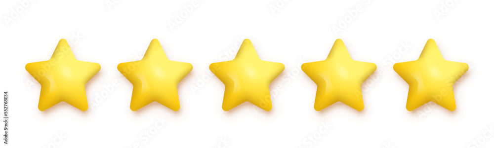 5 gold stars for product review vector illustration. 3d five yellow or golden ranking symbols in row for feedback, satisfaction opinion on website service or mobile app isolated on white background 5 gold stars for product review vector illustration. 3d five yellow or golden ranking symbols in row for feedback, satisfaction opinion on website service or mobile app isolated on white background