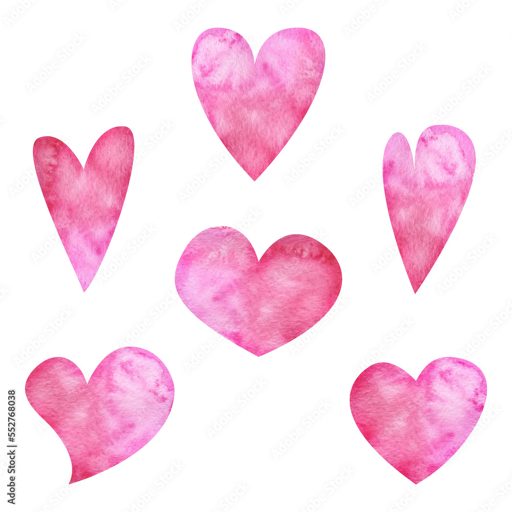 Watercolor hand drawn set of objects, textured red, pink hearts for Valentine's day. Isolated on white background. Design for paper, love, greeting cards, textile, print, wallpaper, wedding