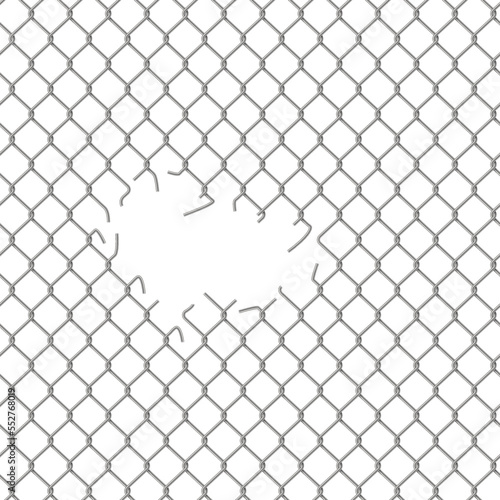 Hole in wire mesh of steel fence vector illustration. 3d realistic torn metal chains of net cage or construction barrier, broken boundary iron wires and chainlink of prison or metallic safety border