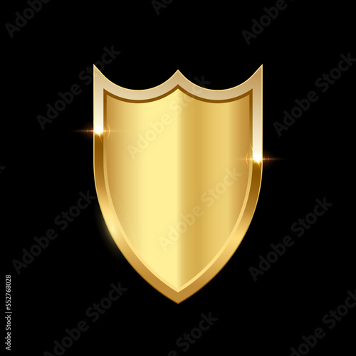 Gold shield vector illustration. Realistic isolated golden armory trophy with metal coat, 3d luxury safety protection emblem, vintage blank shiny royal award