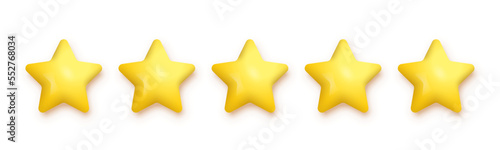 5 gold stars for product review vector illustration. 3d five yellow or golden ranking symbols in row for feedback  satisfaction opinion on website service or mobile app isolated on white background