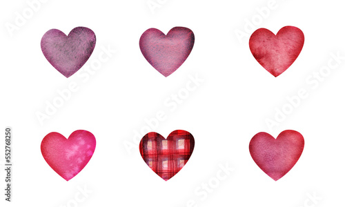 Watercolor hand drawn set of objects, textured red, pink and purple hearts for Valentine's day. Isolated on white background. Design for paper, love, greeting cards, textile, print, wallpaper, wedding