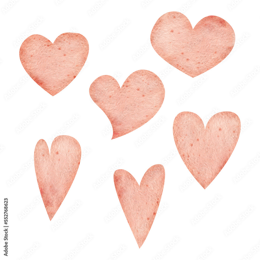 Watercolor hand drawn set of objects, textured pink hearts for Valentine's day. Isolated on white background. Design for paper, love, greeting cards, textile, print, wallpaper, wedding