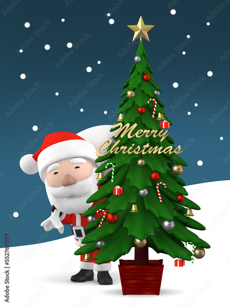 Santa Claus with christmas tree, 3D illustration

