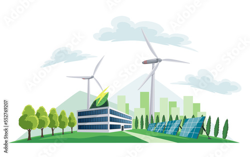 Clean electric energy concept. Renewable electricity resource from solar panels and wind turbines. Ecological change of the future. City skyline and nature landscape on background