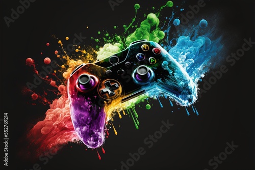 manette de console avec explosion de peinture colorée photo