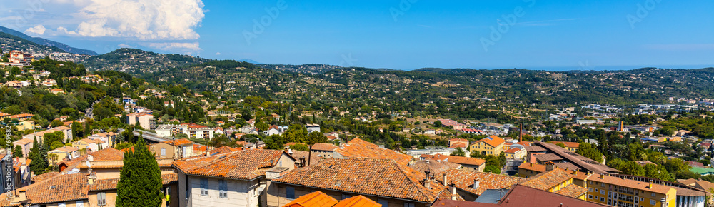Panoramic east direction view of Coast Cote d'Azur Alps mountains seen from old town quarter of perfumery city of Grasse in Poland