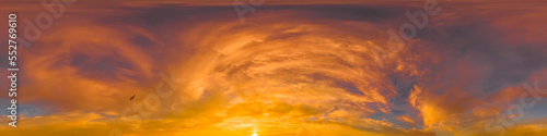 Dramatic sunset sky panorama with Cumulus clouds. Seamless hdr 360 pano in spherical equirectangular format. Complete zenith for 3D visualization, game and sky replacement for aerial drone panoramas © svetograph