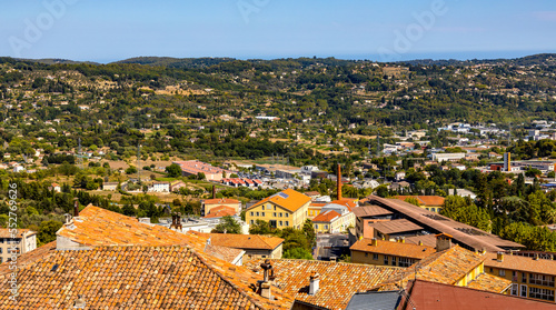 Panoramic east direction view of Coast Cote d'Azur Alps mountains seen from old town quarter of perfumery city of Grasse in Poland