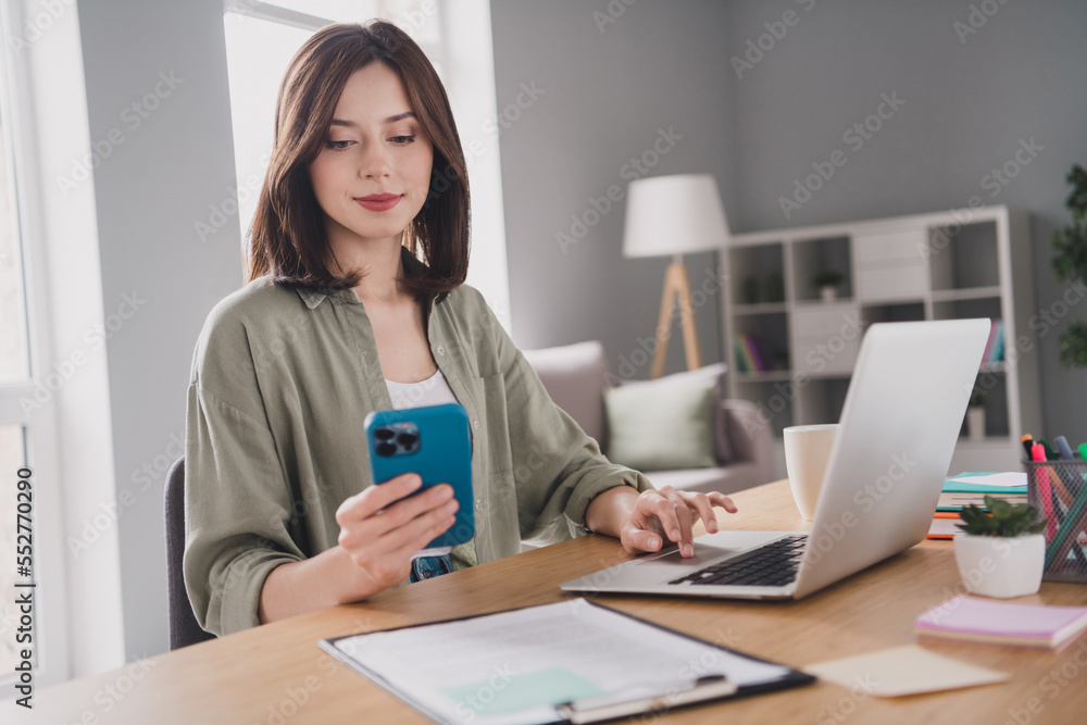 Photo of charming lady secretary hr recruiter read cv vacancy choose successful person sitting table modern office room indoors workstation Photo of charming lady secretary hr recruiter read cv vacancy choose successful person sitting table modern office room indoors workstation