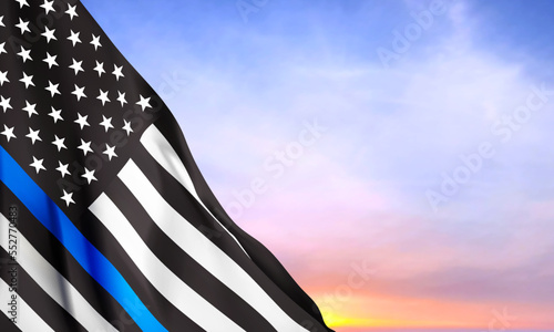 Thin Blue Line. American flag with police blue line on a background of sunset. Support of police and law enforcement. EPS10 vector