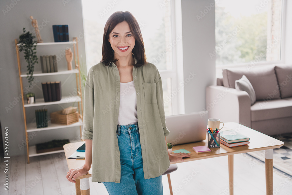 Photo of positive responsible lady done complete work enjoy pause break lunch time enjoy comfort modern office room home indoor