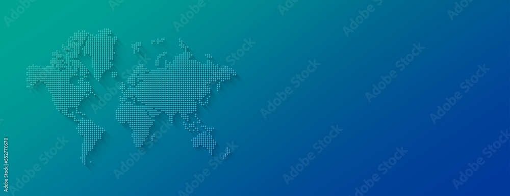 Illustration of a world map made of dots on a blue background. Horizontal banner Illustration of a world map made of dots on a blue background. Horizontal banner
