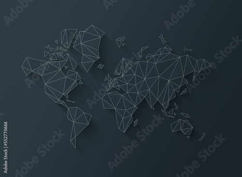 World map shape made of polygons. 3D illustration on a black background
