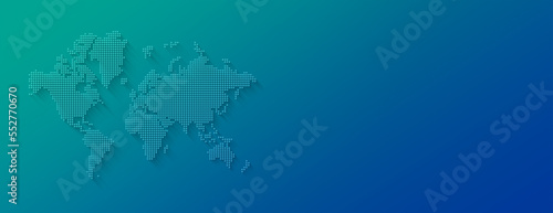 Illustration of a world map made of dots on a blue background. Horizontal banner